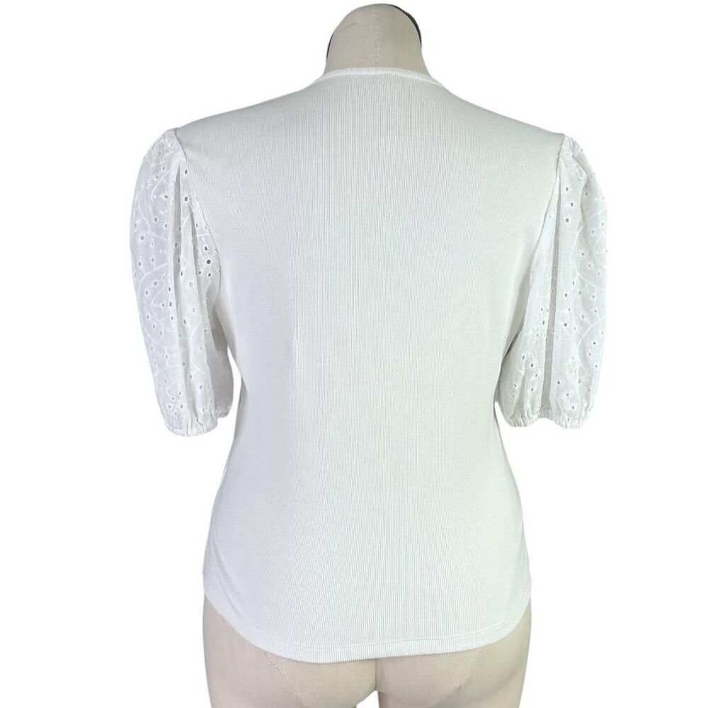 Dolan Top Womens L White Cotton Blend Eyelet Puff Sleeve V Neck Anthropologie - Picture 5 of 7